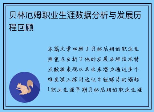 贝林厄姆职业生涯数据分析与发展历程回顾