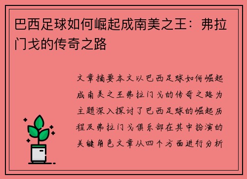 巴西足球如何崛起成南美之王：弗拉门戈的传奇之路