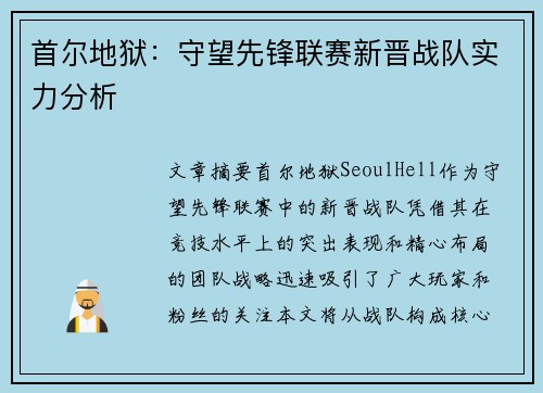 首尔地狱：守望先锋联赛新晋战队实力分析